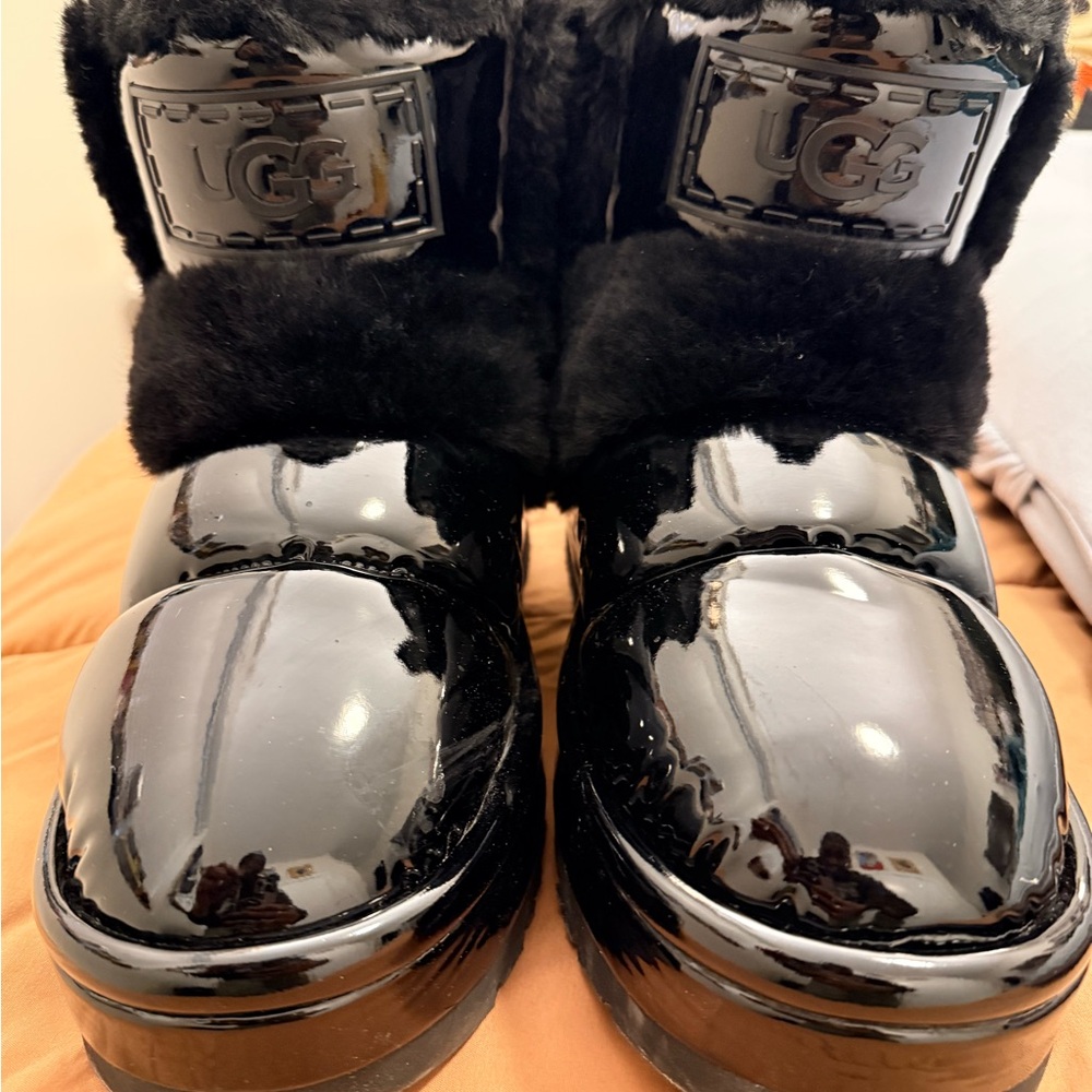UGG Black Patent Faux Fur Boots